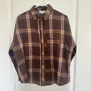 Brown Blue Plaid Fall Autumn Women Button Down 100% Cotton Fully Lined Size M